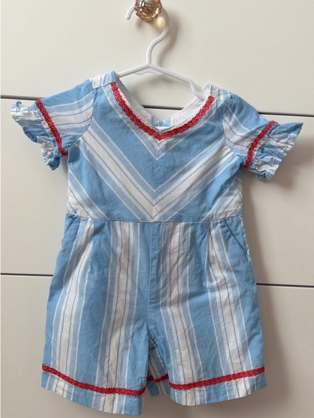 Janie and Jack Blue & White Striped Girls' Short Romper with Red Trim 3-6 month